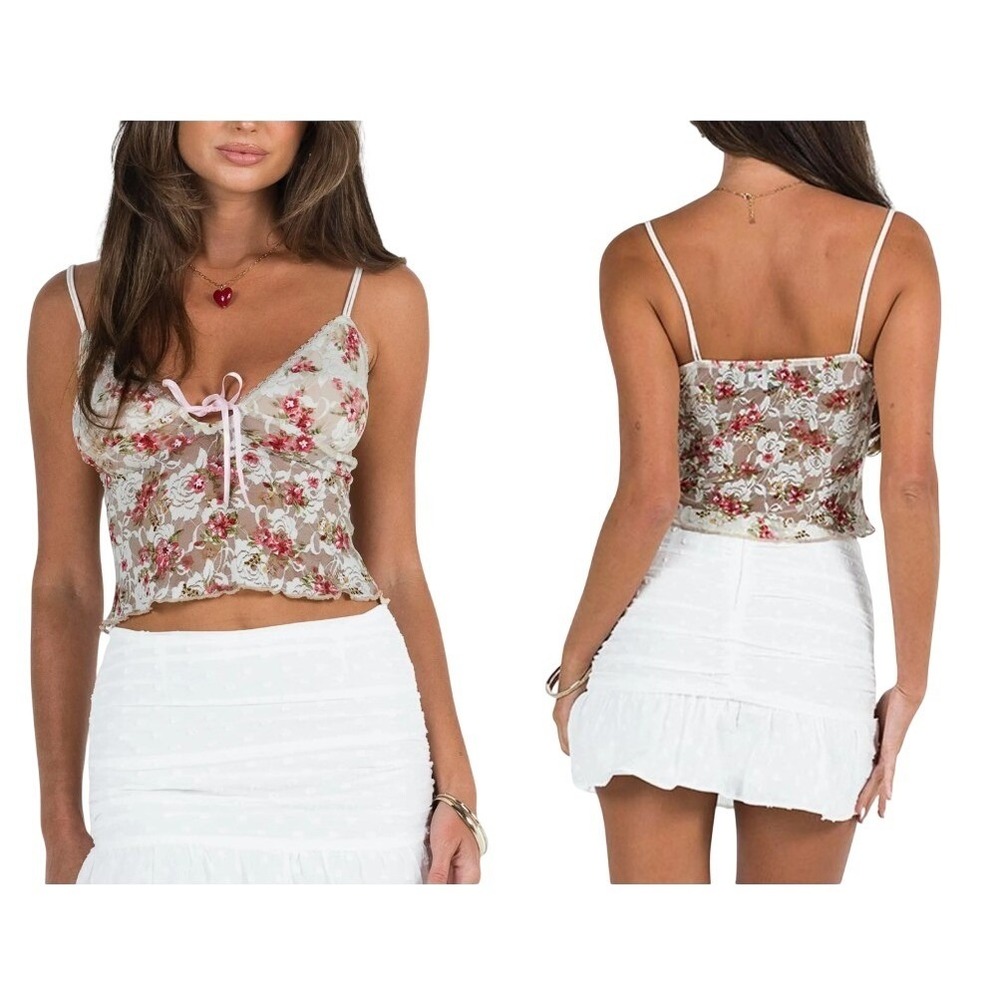 Princess Polly Womens Amessa Floral Lace Cami Top 6 Beige Sheer Coquette Cropped